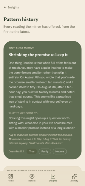 A pattern the app noticed, quoting the person's own words back with dates
