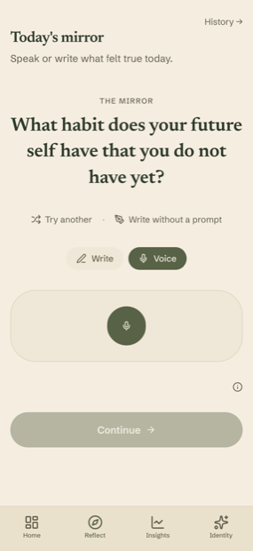 The Oghere app showing tonight's prompt: what habit does your future self have that you do not have yet?